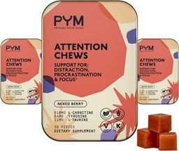 PYM Attention Chews Support for Procrastination, Focus & Productivity, 60 Count | 518mg L-Carnitine, 54mg Tyrosine, 11mg L-Taurin - Koffeinfri | All-Natural Mood Boost Supplement Made in USA