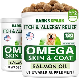 BARK & SPARK Omega 3 för hundar - 360 fiskoljebehandlingar för hundspridning, hudallergi, Itch Relief, Hot Spots Treatment - Gemensam hälsa - Hud och Coat Supplement - EPA & DHA fettsyror - Laxolja
