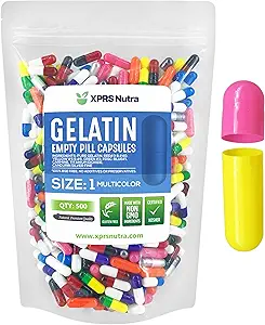 XPRS Nutra Size 1 Empty Capsules - 500 Count Empty Gelatin Capsules - Pill DIY Capsule Fyllning - Pure Bovine Pill Gel Caps for Do-It-Yourself Supplements (Multi Color)