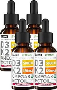 (4 Pack) Organisk vitamin D3 K2 droppar med MCT Oil Omega 3, 5000 IE - Maximal styrka vitamin D flytande, inga fillers, icke-GMO flytande D3 för snabbare absorption och immunstöd (Strawberry, 4 Fl Oz)