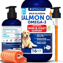 Laxolja för hundar - Omega 3 för hundar - 16 FL OZ Wild Alaskan laxfiskolja - Natur EPA & DHA fettsyror för hud och rock, allergi, gemensam och benhälsa - Liquid Support Supplement för Shedding