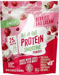 FlavCity Grass Fed Whey Protein Powder - Berries & Cream - 25g Protein & 10g Collagen - Tillverkad med organiska jordgubbar & Coconut Milk - Gluten Free & No Added Sugars (20 Servings)