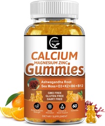 1200mg Calcium Gummies med vitamin D3,K2,B12 & B6 - Plant Complex Calcium Magnesium Supplement med Glycinate,Potassium,Sea Moss, Ashwagandha Root för Ben & Teeth Strength, Muscle & Immune