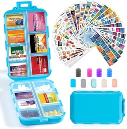 14 Grids Travel Pill Organizer Box med 415-Pcs Medicine Name Labels - Pocket Daily Pharmacy Case Container Kit - Travel Medication Holder Dispenser för Fish Oil Vitamin Supplement Storage - Blue