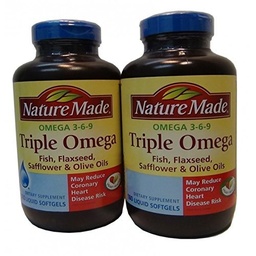 Nature Made Triple Omega 3 6 9 - Fisk, Flaxseed, Safflower & Olivoljor - 2 flaskor, 180 Softgels Varje