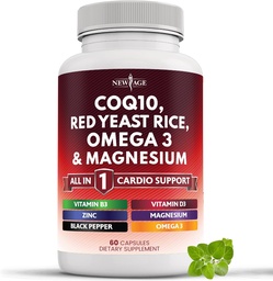 NEW AGE COQ10 200mg Red Yeast Rice, Omega 3, Magnesium Complex, Zink Vitamin K2 D3 - Heart Health Support Vitamins för kvinnor och män med vitamin B3, Coenzyme Q10-60 Count