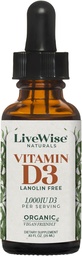 LiveWise Naturals Organic Vitamin D3 Liquid Drops, Vegan, Non-GMO, Plant-Based, 200 IE per Drop, stöder Immune, Bone och Mood Health, Easy-to-Absorb, i MCT Oil 1000 IU