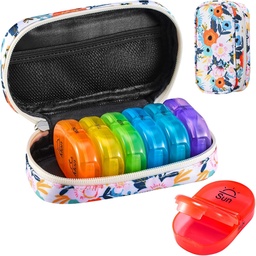 Serfeymi Weekly Travel Pill Organizer 2 gånger per dag AM PM Uppgraderad Rainbow Pill Box 7 Dag med Portable Zipper Canvas Pill Case, Medicine Organizer för piller, vitaminer, fiskoljor - Bloom 01