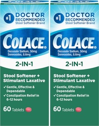 Colace 2-i-1 Stool Softener Plus Stimulant Laxative för Gentle Effective Constipation Relief, Docusate Sodium Plus Sennosides, 60 Count (Pack of 2)