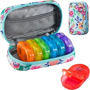 Serfeymi Weekly Travel Pill Organizer 2 Times A Day AM PM Uppgraderad Rainbow Pill Box 7 Dag med Portable Zipper PU Leather Pill Case, Medicine Organizer för piller, vitaminer, fiskoljor - Green-01