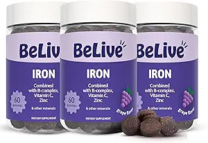 BeLive Iron Gummies - Multivitamin Iron Supplement med vitamin C, A, B & Zink, stöder blodsyre, Vegan Supplements för kvinnor, män och barn för tillväxt och utveckling - Grape smak | 3-pack