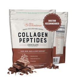 Live Conscious Collagen Peptides Powder - Chocolate Collagen Powder - Hair, Skin, Nail och Joint Support - Typ I & III Grass-Fed Collagen Supplements for Women and Men - 30 Servings - 15oz