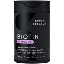 Sports Research® Biotin 10.000mcg med ekologisk kokosolja - Biotin (Vitamin B7) för hälsosam hud och hårstöd* - för kvinnor och män - Vegan, icke-GMO, Gluten & Soy-Free - 30 Veggie Softgels