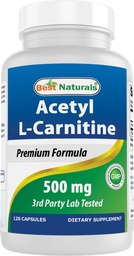 Bästa Naturals Acetyl L-Carnitine (ALCAR) 500mg, 120 kapslar, 120 portioner - Icke-GMO och Glutenfri, 1 kapsel per portion