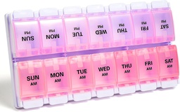 Sukuos AM PM Weekly Pill Organizer 7 Day, 2 Times A Day Medicine Pill Box med Easy Push Button, BPA Free Vitamin Cases för fiskolja / tillägg, lätt att rengöra (Purple & Pink)
