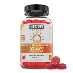 Zhou D3 + K2 - Vitamin D3 K2 Supplement för kvinnor och män, Immune Support Vit D3 och K2 Gummy, Gelatin Free Formel med 5000 IE av D3 och MK-7 - 60 Veggie Gummies (Pack av 1)