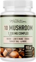 10 Mushroom Complex Supplement | 1300 + MG Blend med Lions Mane, Turkiet Tail, Cordyceps, Reishi, Shiitake, Maitake, Chaga & White Button Mushroom | Immune & Adaptogen Support | 90 C