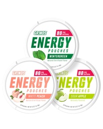 Grinds Energy Pouches - Naturliga koffeinpåsar - Innehåller B-vitaminer, sockerfri och 0 kalorier - 80 mg koffein i varje påse - Wintergreen, Peach och Sour Apple - 3 Pack, 15 påsar per kan