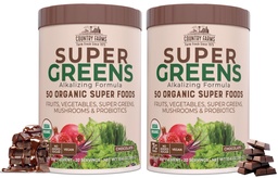 COUNTRY FARMS Super Greens Chocolate Flavor, 50 Organic Super Foods, USDA Organic Drink Mix, Frukt, grönsaker, Super Greens, Mushrooms & Probiotics, Stöder energi, 40 portioner, 10,6 Oz, 2 Pack