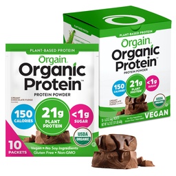 Orgain Organic Vegan Protein Powder, Creamy Chocolate Fudge - 21g Plant Protein, 6g Prebiotic Fiber, Low Carb, No Lactose Ingredients, No Added Sugar, Non-GMO, För Shakes & Smoothies, 10 Travel Packs