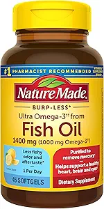 Nature Made Burp-Less Ultra Omega-3 från Fish Oil 1400 mg, Kosttillskott för Hälsosamt Hjärtstöd, 45 Softgels, 45 Day Supply