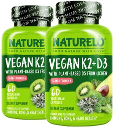 NATURELO Vitamin D3 K2 - Vegan K2 + D3 med växtbaserad D3 från Lichen - Natur D3 Supplement för immunsystem, benstöd, hjärthälsa - Hel mat - icke-GMO - Glutenfri, 60 kapslar (Pack of 2)