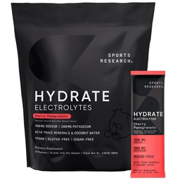 Sportforskning Hydrate Electrolytes Powder Packets - Sugar-Free & naturligt smaksatt med vitaminer, mineraler och kokosvatten - Stöder Hydration - 16 Packets - Cherry Pomegranate