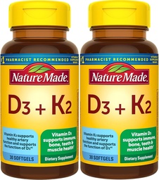 Nature Made Vitamin D3 K2, 5000 IE (125 mcg) Vitamin D, Kosttillskott för ben, tänder, muskel och immunhälsa, 30 Softgels, 30 Day Supply - Pack på 2