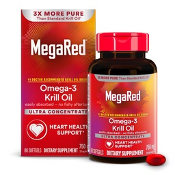MegaRed Antarctic Krill Oil 750mg, Omega 3 Fatty Acid Supplement, Ultra Concentrate EPA & DHA Softgels, Antioxidant Astaxanthin, Heart Health Supplement med No Fish Oil Aftertaste, 80ct