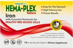 NaturesPlus Hema-Plex Iron - 10 långsam frisättning tabletter - 85 mg järn - Total blodhälsa - med vitamin C & Bioflavonoider - Vegan, Gluten Free - 10 portioner