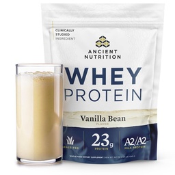 Ancient Nutrition Grass Fed Whey Protein, 23g Protein, Hydrolyzed Collagen Peptides, Organic Regenerative A2 / A2 Milk Protein (35 portioner, Vanilla Bean)