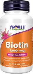 NOW Foods Supplements, Biotin 5 000 mcg, Amino Acid Metabolism*, Energiproduktion*, 60 Veg Capsules