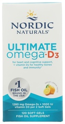 Nordic Naturals Ultimate Omega-D3, Lemon Flavor - 120 Soft Gels - 1280 mg Omega-3 + 1000 IE Vitamin D3 - EPA & DHA - Främjar hjärna, hjärta och immunhälsa - 60 portioner