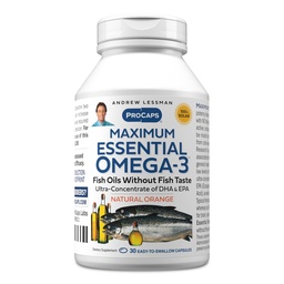 ANDREW LESSMAN Maximum Essential Omega-3 Orange - 30 Softgels - Ultra-Pure, High Potency Omega-3 Oljor. Hög DHA, ingen mage upprörd, inga föroreningar, ingen kvicksilver. Liten lätt att svälja Softgels