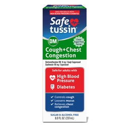 Safetussin DM Cough & Chest Congestion, 8 oz, Expectorant Mucus Relief, Cough Relief Syrup, Säker för vuxna med högt blodtryck och diabetes