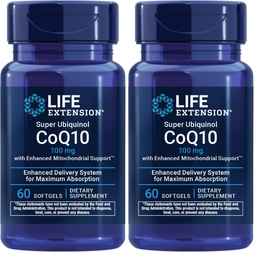 Life Extension Super Ubiquinol CoQ10 med förbättrad Mitochondrial Support, Potent Heart Health & Cellular Energy Production Support,Ultra-absorbable, Gluten-Free,Non-GMO, 100 mg, 60 softgels (Pack of 2)