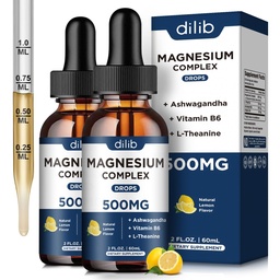 (2 Pack) Magnesium Glycinate, Citrate, Malate Liquid Drops-Triple Magnesium Complex Supplement 500mg med Ashwagandha, L-Theanine, Vitamin B6-Support Calm, Stress Relief, Sleep, Muscle-Lemon Flavor
