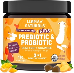 Llama Naturals Kids Probiotic med prebiotisk fiber, Vegan, organisk prebiotika och probiotika Gummies för Gut Health Support, Toddler Real Fruit Gummy Vitamins, No Added Sugar Cane, Peach Mango, 120 Ct
