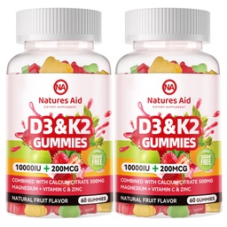 Natures Aid Sugar-Free Vitamin D3 K2 Gummies med Calcium + K2 (MK-7), Magnesium Citrate, Vitamin C, Extra Styrka - Ultimate Absorption för benmuskel tänder immun, Vegan - 120 Gummies