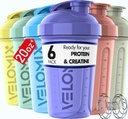 VELOMIX -6 PACK- 20 oz Protein Shaker Bottle för proteinblandningar - 6x Wire Whisk | Leak Proof Shaker Cups för Protein Shakes | Stackable Protein Shaker Bottle Pack | Dishwasher Safe (Pastel Shades)