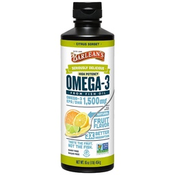 Barleans Citrus Sorbet High Potency Omega 3 Fish Oil Liquid Supplement, 1500mg av EPA & DHA Fatty Acid, Smoothie Flavored & Burpless för Brain, Joint & Heart Health, 16 oz