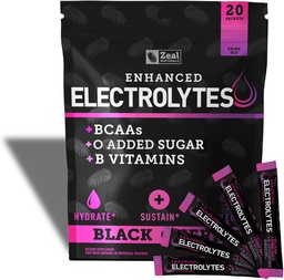 Förbättrad Electrolyte Powder Stick Packs (Black Cherry | 20 Packets) w / 0 Sugar +BCAAs +B-Vitamins Electrolyte Supplement w Potassium Zinc & Magnesium för Hydration - Keto Electrolytes