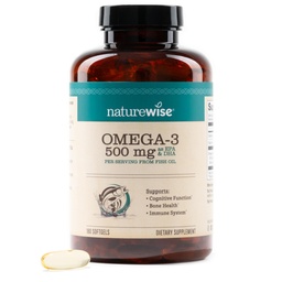 NatureWise Omega 3 Fish Oil - 500 mg per piller - EPA & DHA - Immune Support, Brain Health & Optimal Wellness - Gluten och Soy Free, Non-GMO - 180 Softgels
