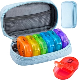 Serfeymi Weekly Travel Pill Organizer 2 Times A Day AM PM Uppgraderad Rainbow Pill Box 7 Dag med Portable Zipper PU Leather Pill Case, Medicine Organizer för piller, vitaminer, fiskoljor - Blå 01