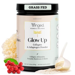 Winged Wellness Glow Up, Collagen Powder för kvinnor - hår, hud och naglar skönhetstillägg med Grass-Fed Hydrolyzed Collagen Peptides Adaptogens, vitamin C & Biotin - 25 portioner, Osmakad