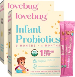 LOVEBUG Infant Probiotics 0-6 månader - USDA Organic Probiotics for Babies, stöder Baby Gas, Colic, Diarrhea och Newborn Constipation Relief, Allergen & Sugar Free, Tasteless Powder, 60 Pack