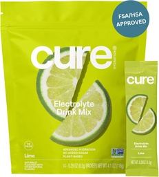 Cure Hydration | Plant-Based Electrolyte Drink Mix | No Added Sugar | FSA-HSA | Dehydration Relief Powder Made with Coconut Water | Non-GMO | Vegan | Påse av 14 Packets - Lime