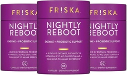 FRISKA Nightly Reboot Enzyme and Probiotics Supplement, främjar bättre matsmältning och sömn, stöder Gut Health för män och kvinnor, Melatonin, Chamomile, 90 kapslar