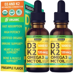 (2 Pack) Organisk vitamin D3 K2 droppar med MCT Oil Omega 3, Maximal styrka vitamin D flytande 5000 IE, inga fillers, icke-GMO flytande D3 för snabbare absorption och immunstöd (Pineapple, 2 Fl Oz)