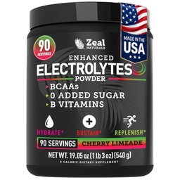 Zeal Naturals Electrolyte Powder Recovery Drink (90 portioner | Cherry Limeade) w 0 Sugar +BCAAs +B-Vitamins Electrolyte Supplement w Potassium Zinc & Magnesium för Hydration - Keto Electrolytes